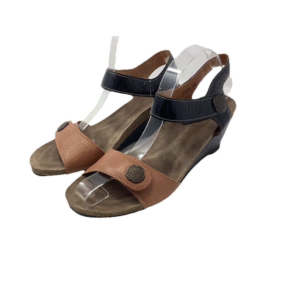 Taos Wedge Sandals Festival Two Tone Black Patent Brown Wedge Sz 39, 8-8.5 US